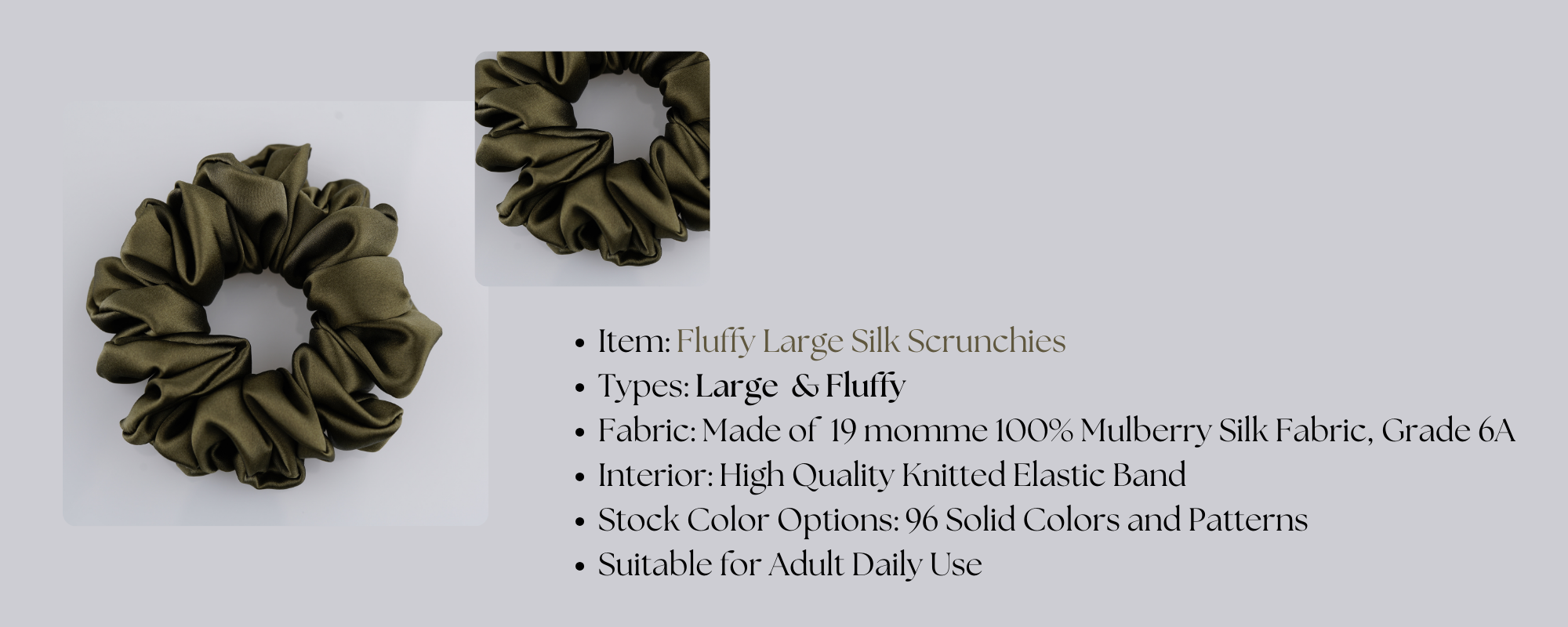 Large silk scrunchies wholesale custom, 1 piece wholesale, custom brand low MOQ