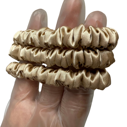 Beige Skinny Silk Scrunchie Wholesale from 1 piece, custom silk scrunchie with brand logo low MOQ.