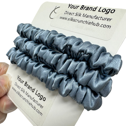 Grey Blue Skinny Silk Scrunchie custom wholesale, custom brand low MOQ, 1 piece wholesale