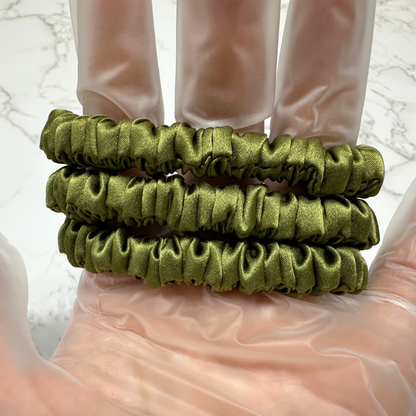 Olive Green Skinny Silk Scrunchie custom wholesale, custom brand low MOQ, 1 piece wholesale