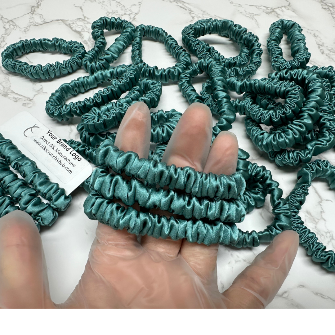Stone Green Skinny Silk Scrunchie custom wholesale, custom brand low MOQ, 1 piece wholesale