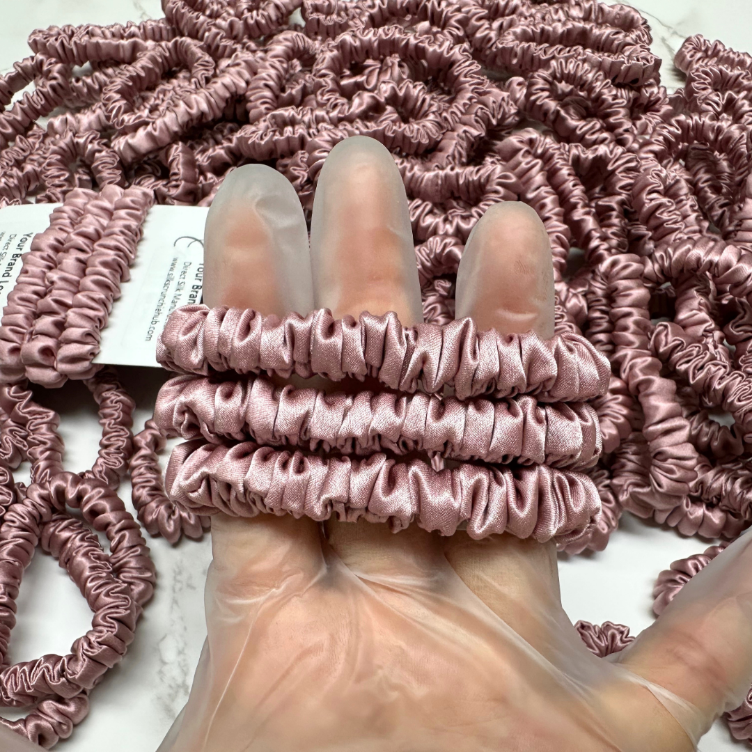 Begonia Red Skinny Silk Scrunchie custom wholesale, custom brand low MOQ, 1 piece wholesale