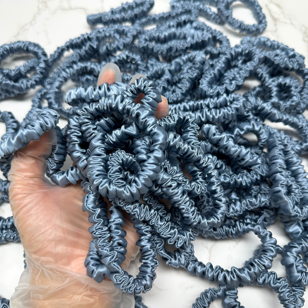 Grey Blue Skinny Silk Scrunchie custom wholesale, custom brand low MOQ, 1 piece wholesale