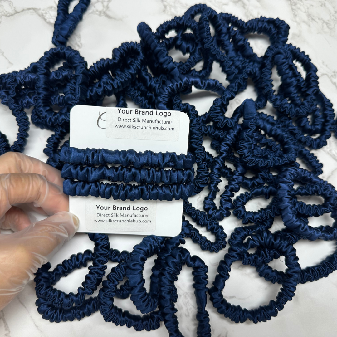 Navy Blue Skinny Silk Scrunchie custom wholesale, custom brand low MOQ, 1 piece wholesale