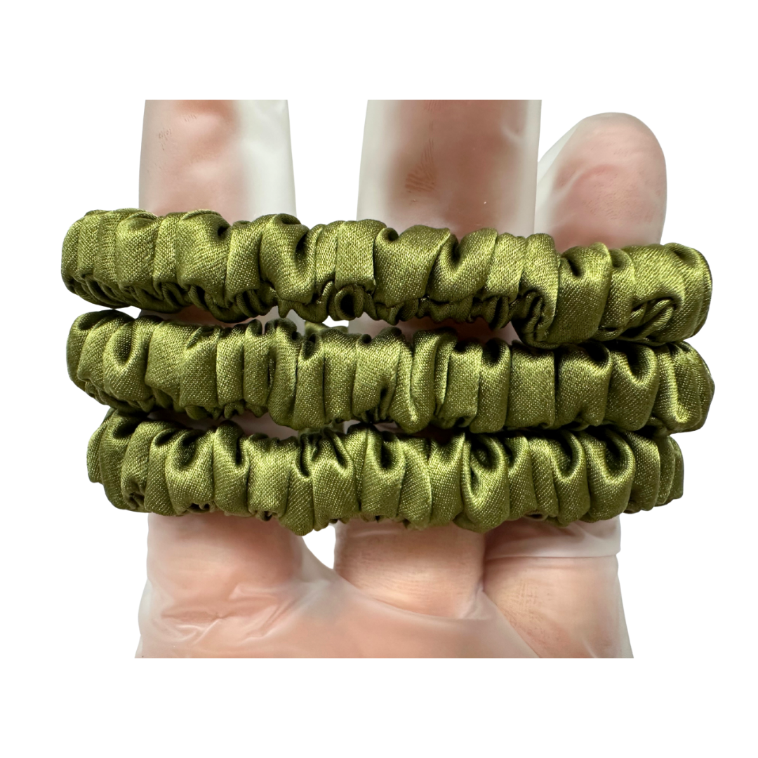 Olive Green Skinny Silk Scrunchie custom wholesale, custom brand low MOQ, 1 piece wholesale