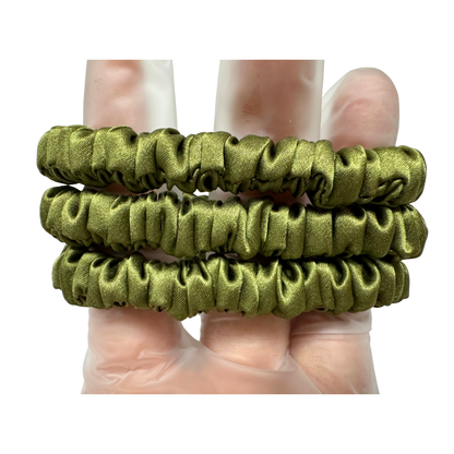Olive Green Skinny Silk Scrunchie custom wholesale, custom brand low MOQ, 1 piece wholesale