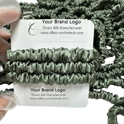 Deep Sage Silk Scrunchie Skinny custom wholesale, custom brand low MOQ, 1 piece wholesale