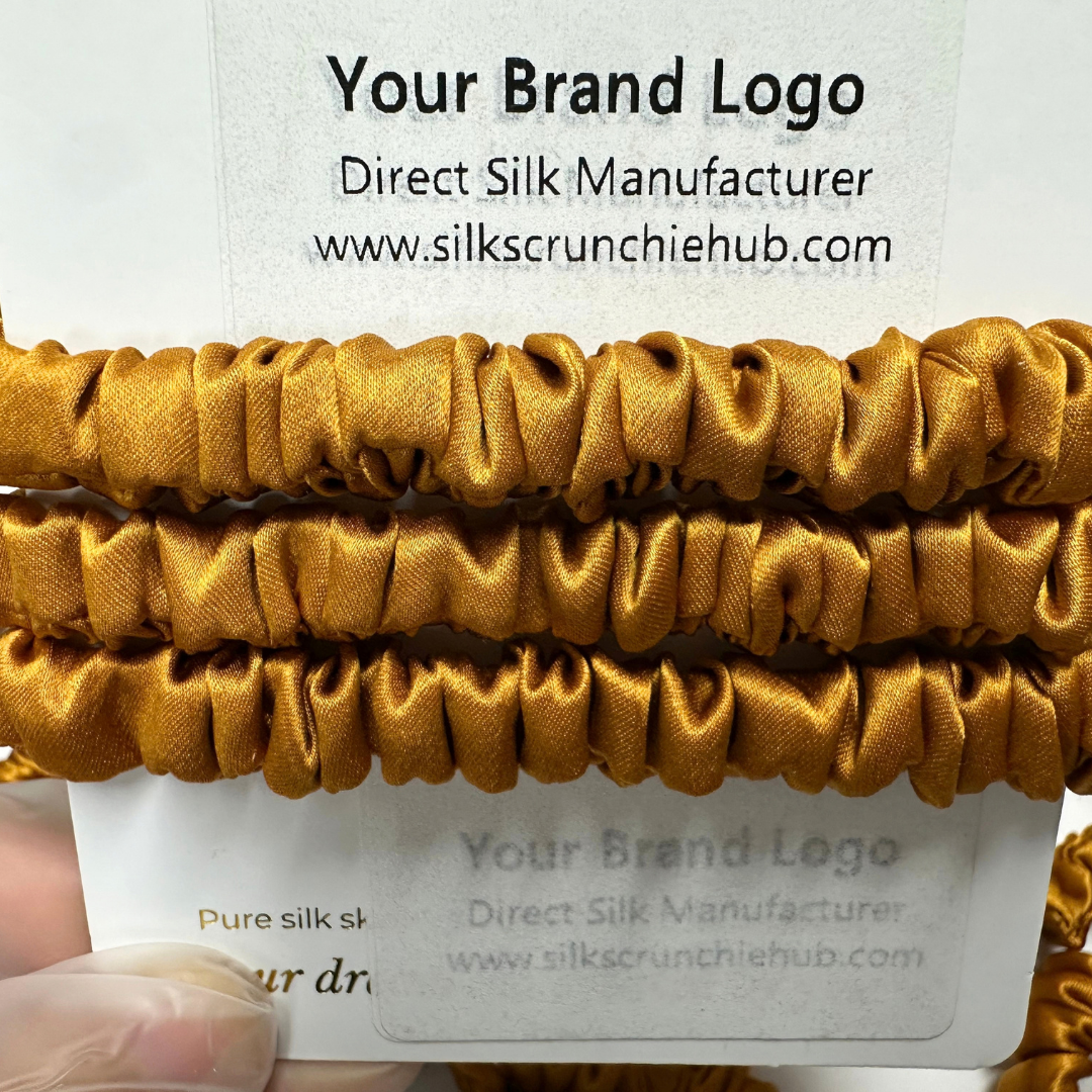 Amber Yellow Skinny Silk Scrunchie Wholesale from 1 piece, custom silk scrunchies with brand label, low MOQ.