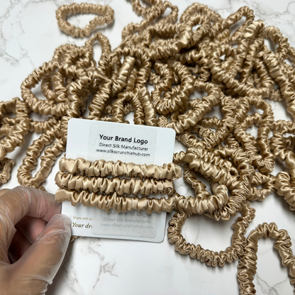 Beige Skinny Silk Scrunchie Wholesale from 1 piece, custom silk scrunchie with brand logo low MOQ.