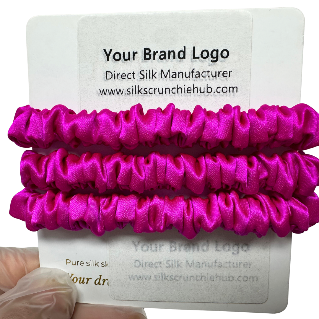 Bright Pink Skinny Silk Scrunchie Wholesale from 1 piece, custom silk scrunchie with brand logo low MOQ.