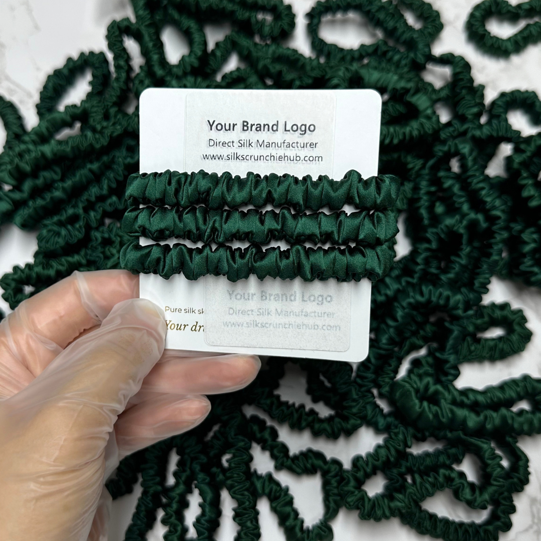 Dark Green Skinny Silk Scrunchie Wholesale from 1 piece, custom silk scrunchie with brand logo low MOQ.