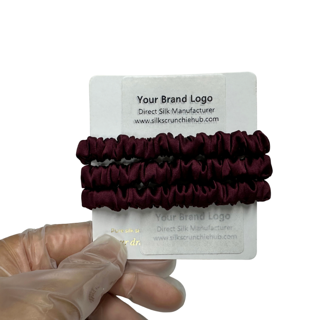 Dark Purple Red Silk Scrunchie Wholesale from 1 piece, custom silk scrunchies with brand label, low MOQ.