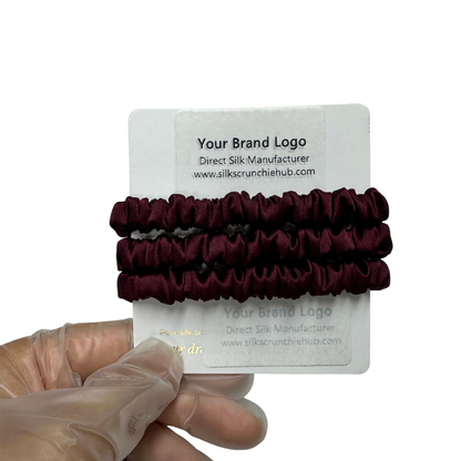 Dark Purple Red Silk Scrunchie Wholesale from 1 piece, custom silk scrunchies with brand label, low MOQ.