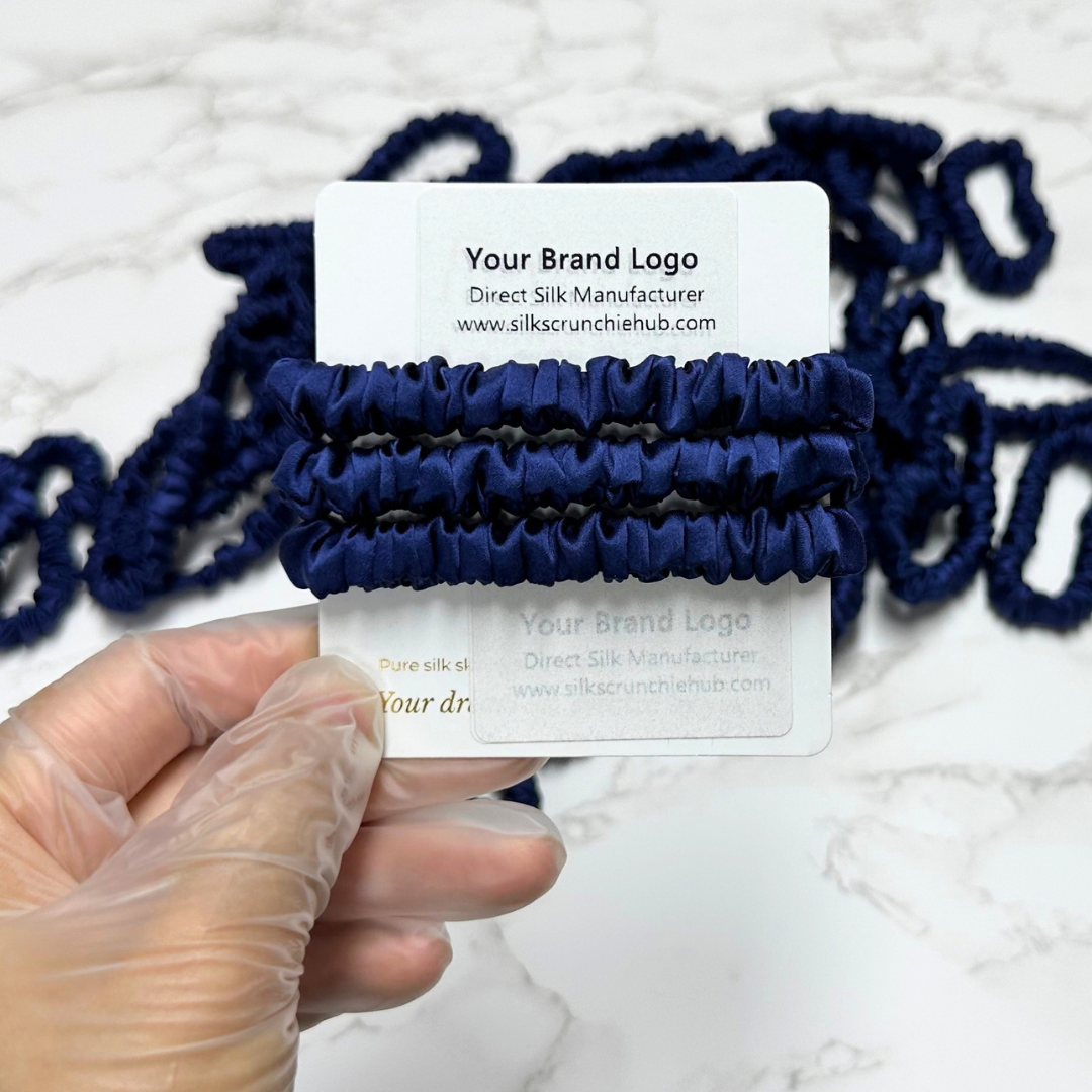 Deep Dark Blue Skinny Silk Scrunchie Wholesale from 1 piece, custom silk scrunchie with brand logo low MOQ.