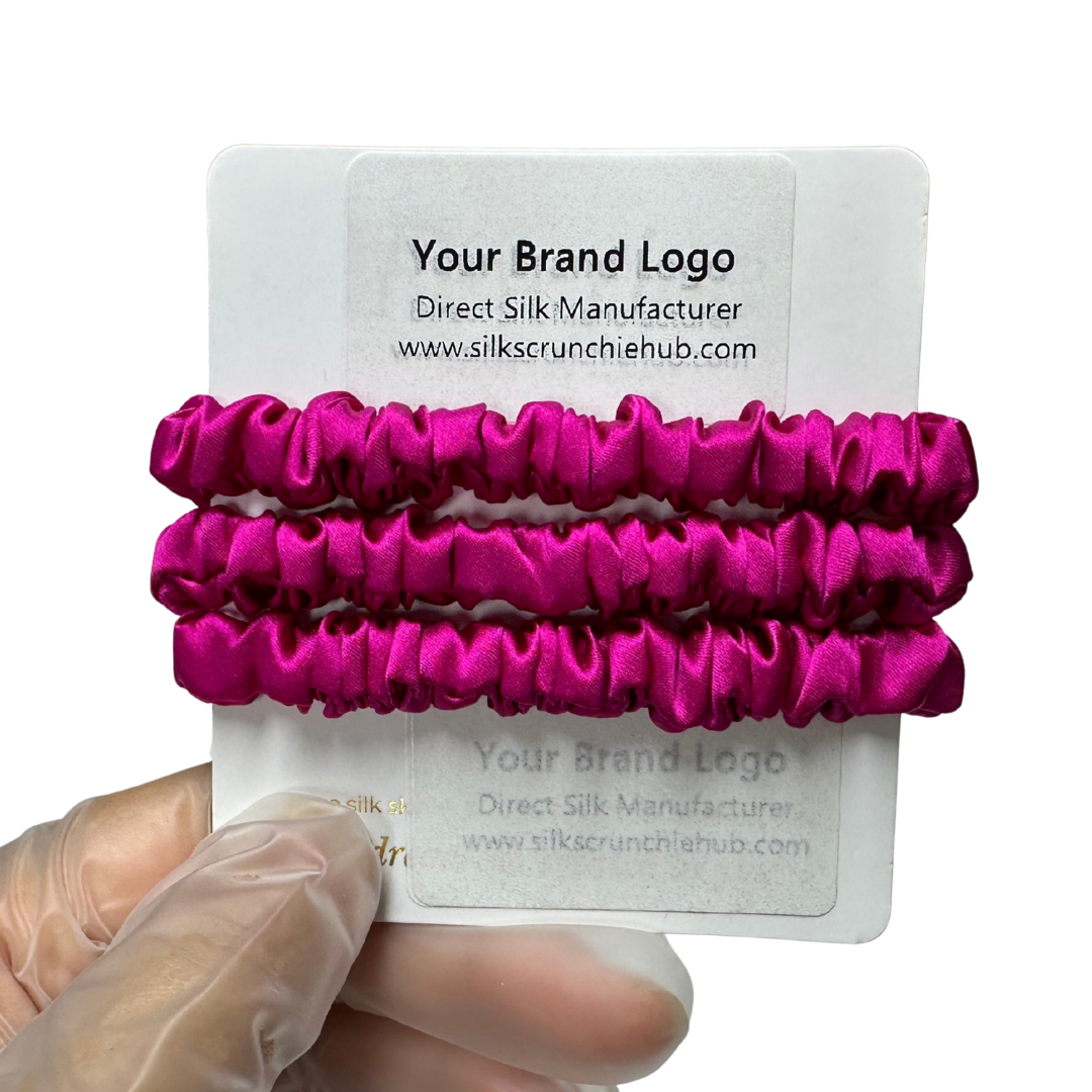 Deep Rose Pink Skinny Silk Scrunchie Wholesale from 1 piece, custom silk scrunchie with brand logo low MOQ.