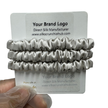 Light Gray Silk Scrunchie Wholesale from 1 piece, custom silk scrunchies with brand label, low MOQ.