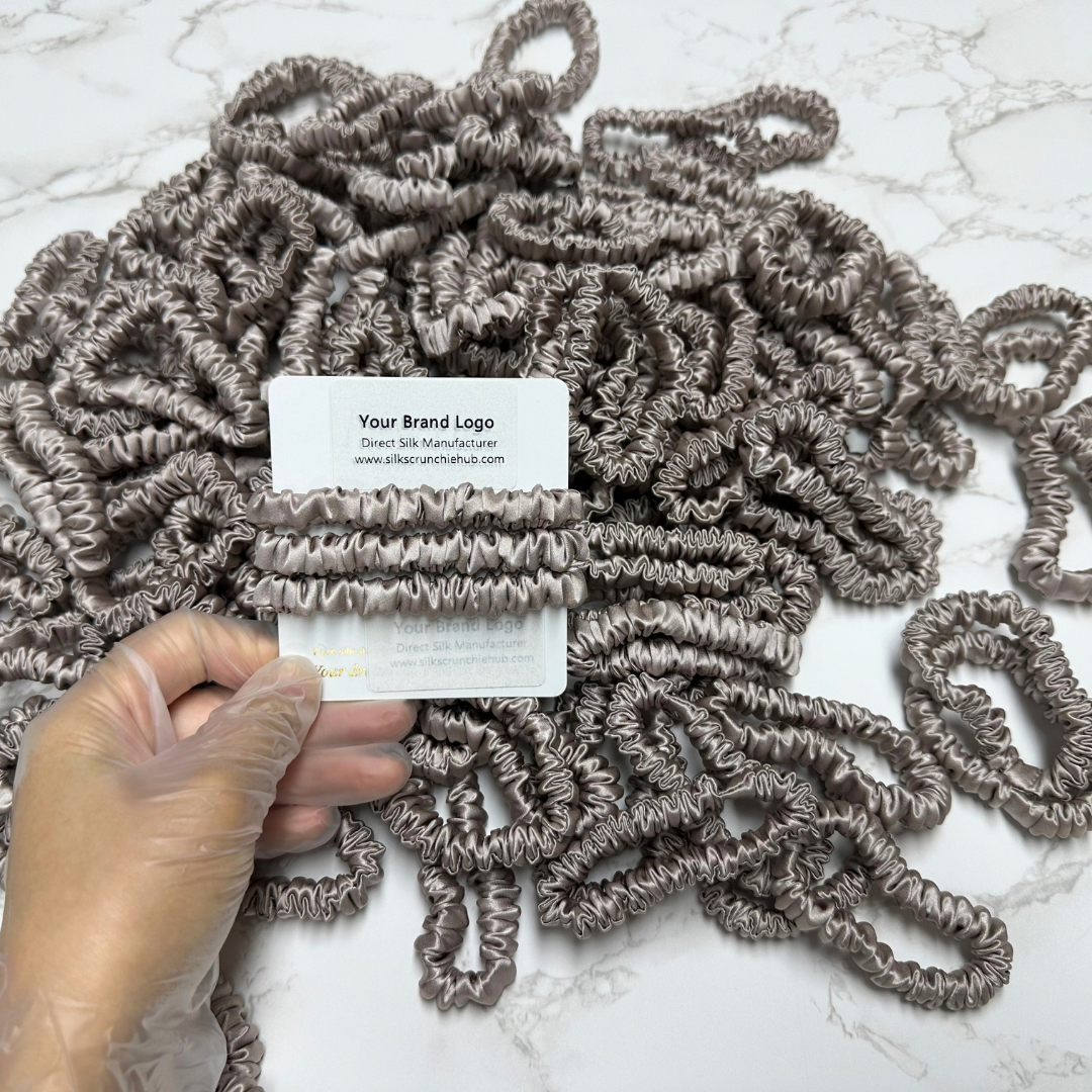 Light Root Skinny Silk Scrunchie Wholesale from 1 piece, custom silk scrunchie with brand logo low MOQ.