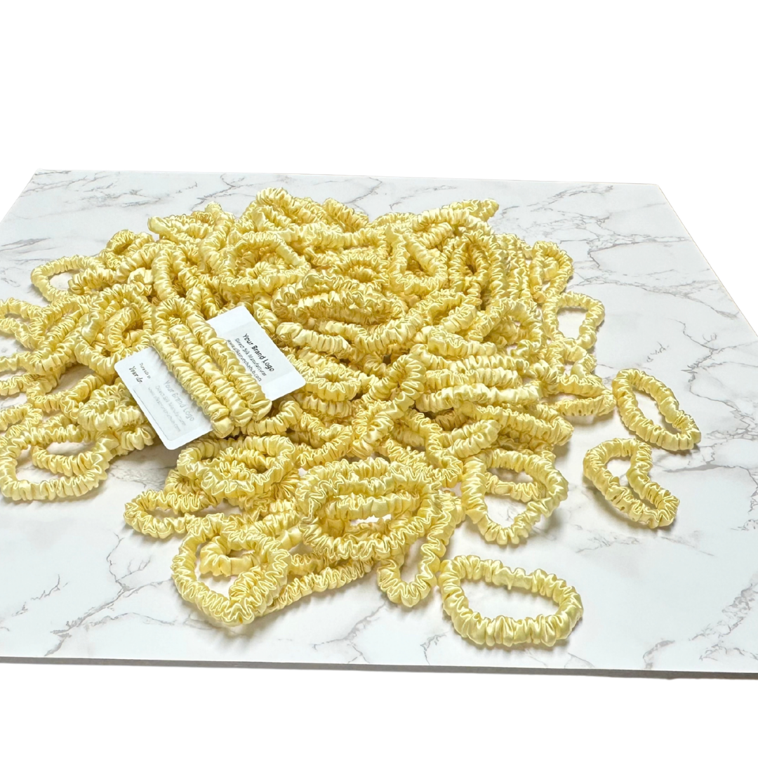 Light Yellow Silk Scrunchie Wholesale from 1 piece, custom silk scrunchies with brand label, low MOQ.