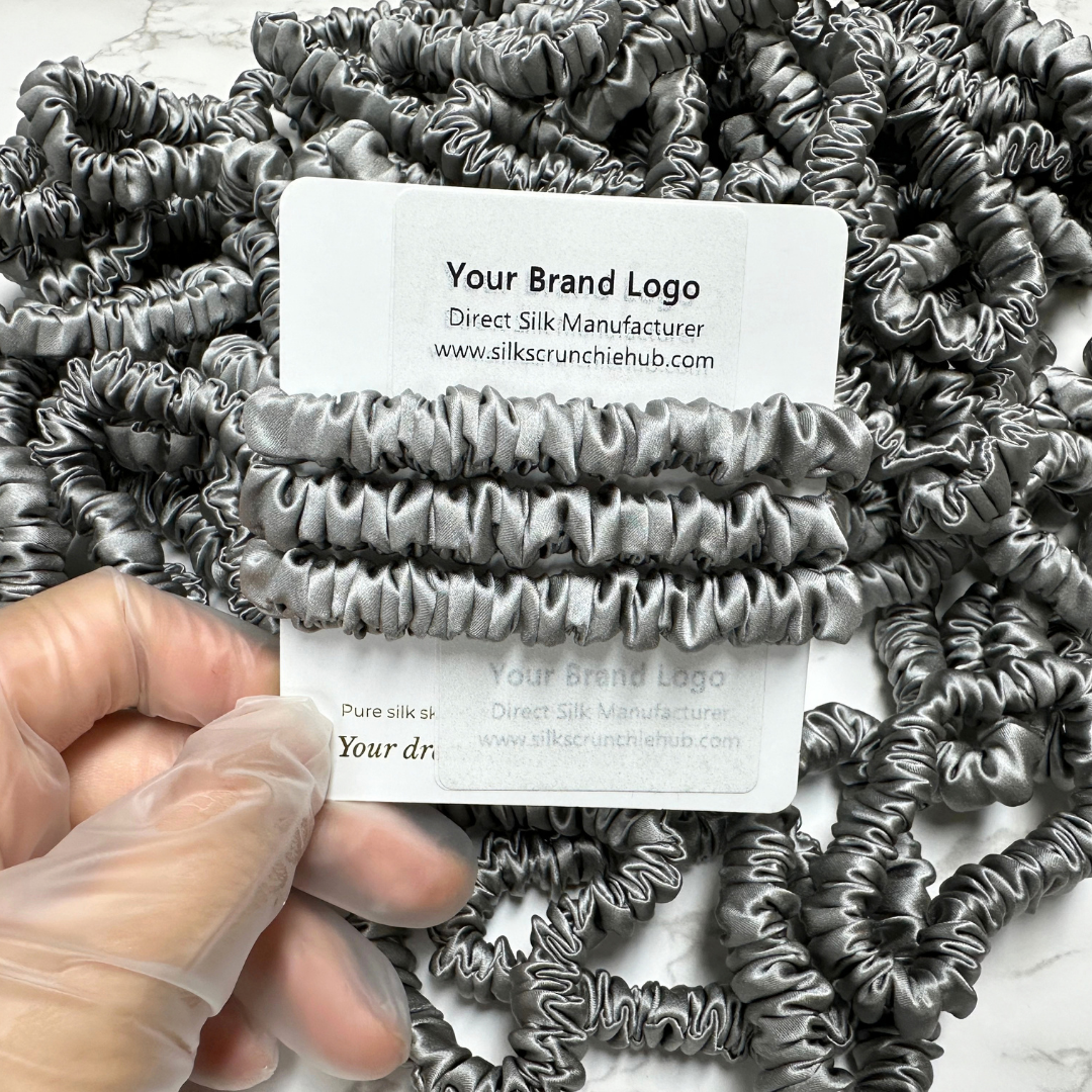 Middle Grey Silk Scrunchie Wholesale from 1 piece, custom silk scrunchies with brand label, low MOQ.