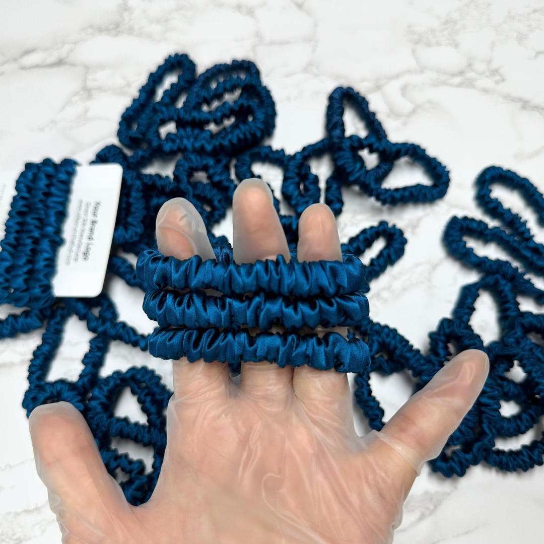 Peacock Blue Skinny Silk Scrunchie Wholesale from 1 piece, custom silk scrunchie with brand logo low MOQ.