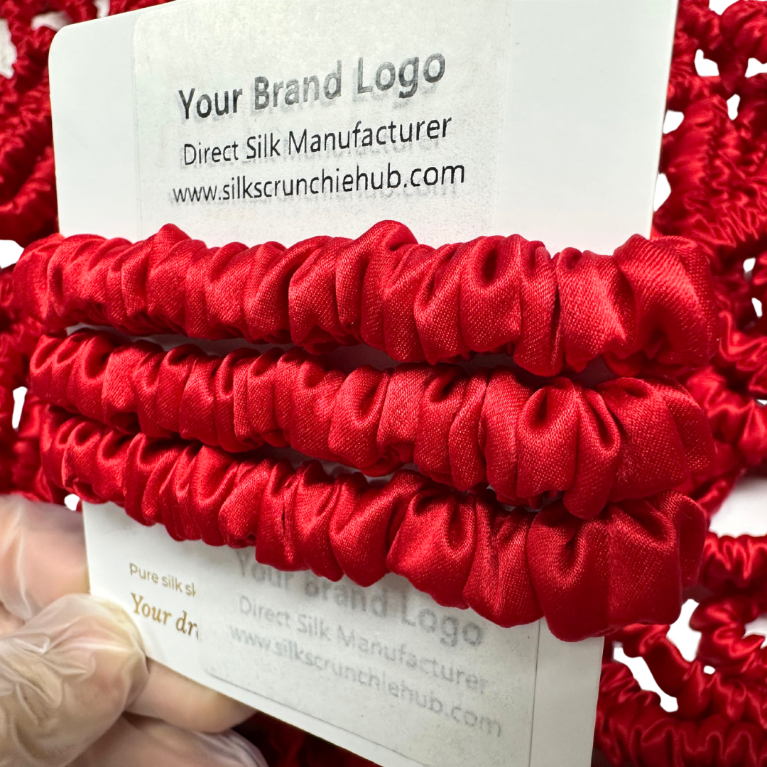 Pomegranate Red Skinny Silk Scrunchie Wholesale from 1 piece, custom silk scrunchie with brand logo low MOQ.