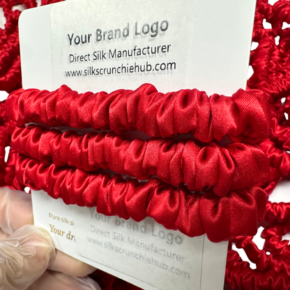 Pomegranate Red Skinny Silk Scrunchie Wholesale from 1 piece, custom silk scrunchie with brand logo low MOQ.