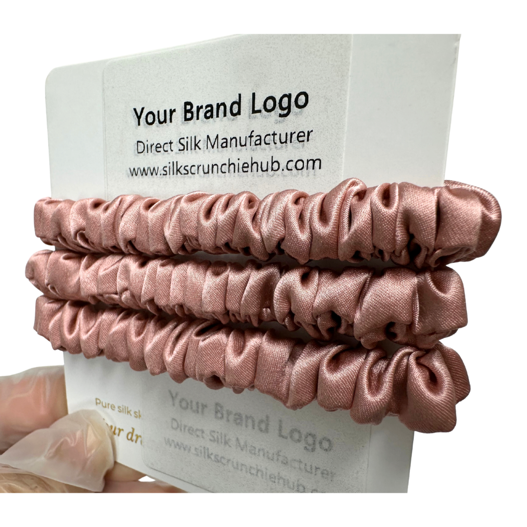 Red Beans Skinny Silk Scrunchie Wholesale from 1 piece, custom silk scrunchies with brand label, low MOQ.