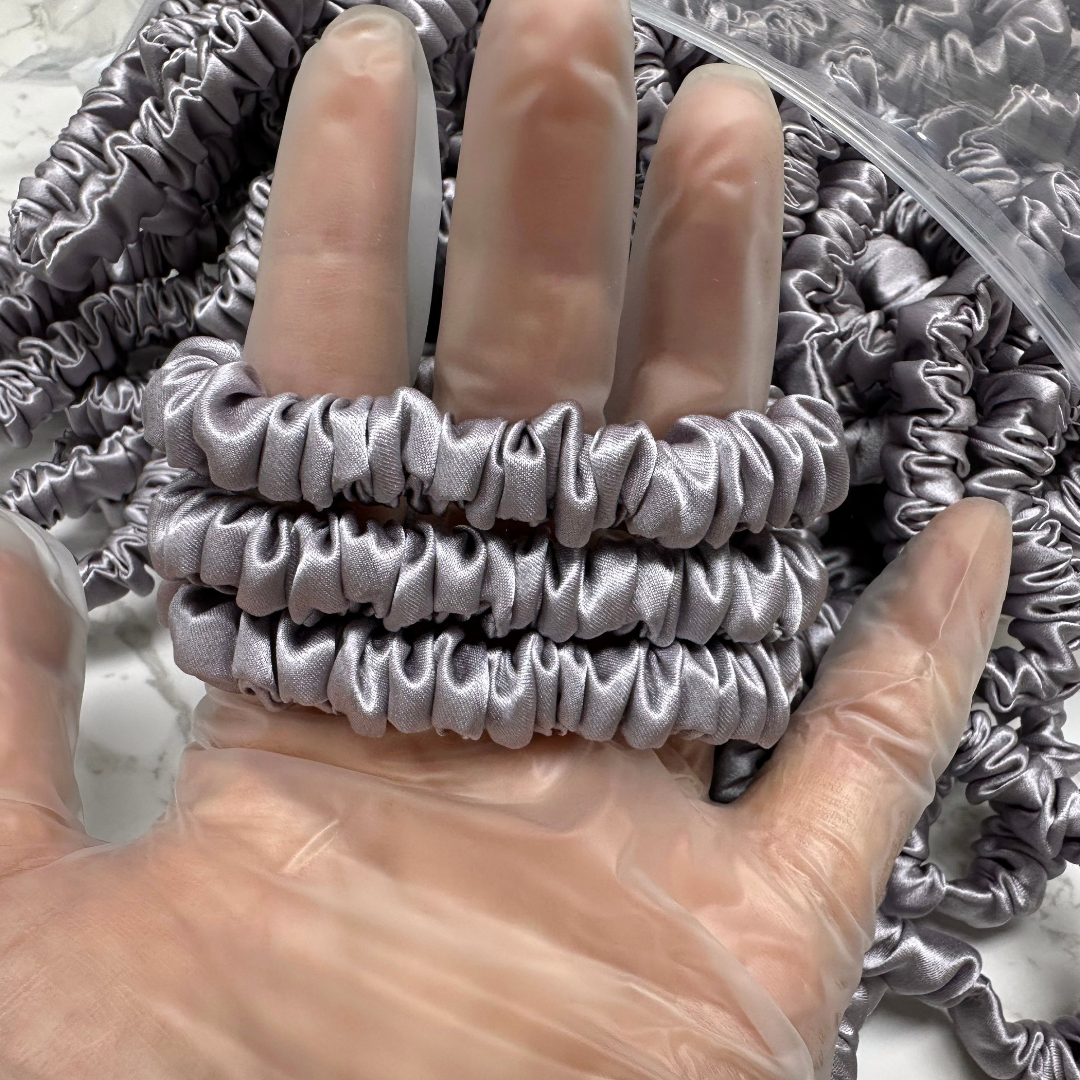 Grey Purple Skinny Silk Scrunchie custom wholesale, custom brand low MOQ, 1 piece wholesale