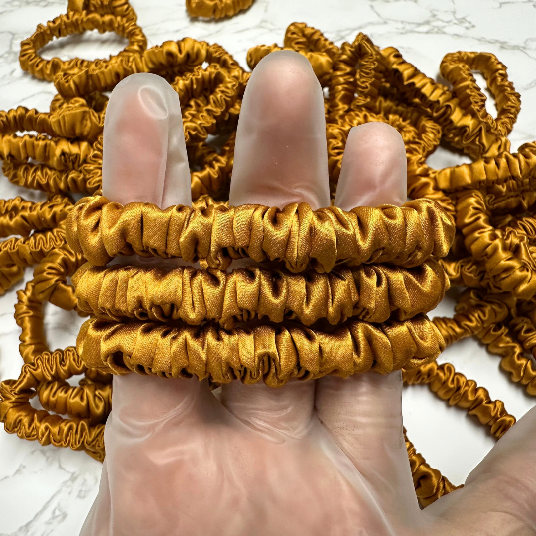 Amber Yellow Skinny Silk Scrunchie Wholesale from 1 piece, custom silk scrunchies with brand label, low MOQ.
