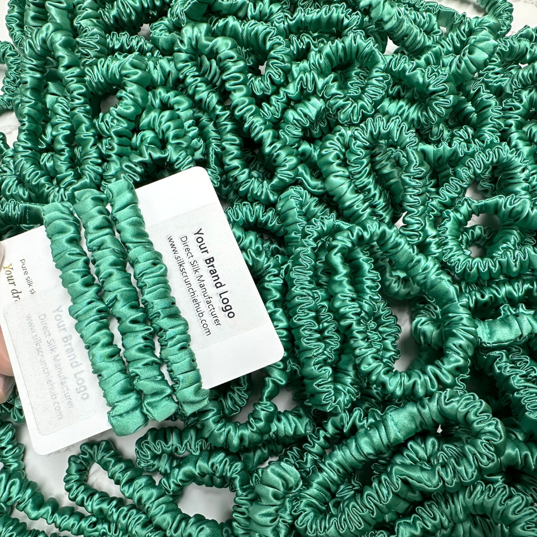 Bamboo Skinny Silk Scrunchie Wholesale from 1 piece, custom silk scrunchies with brand label, low MOQ.