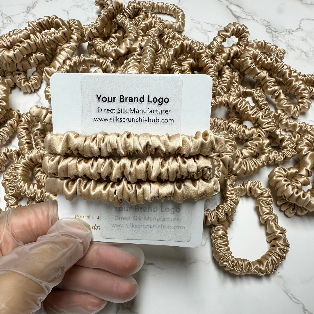 Beige Skinny Silk Scrunchie Wholesale from 1 piece, custom silk scrunchie with brand logo low MOQ.