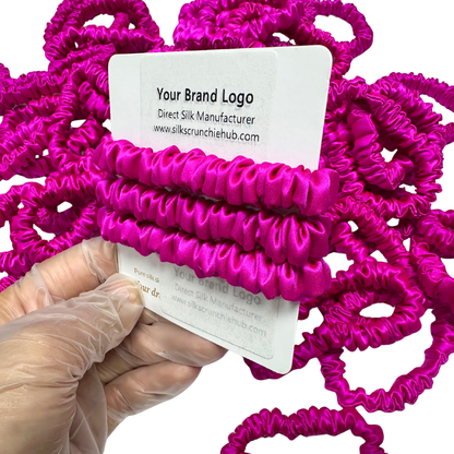 Bright Pink Skinny Silk Scrunchie Wholesale from 1 piece, custom silk scrunchie with brand logo low MOQ.