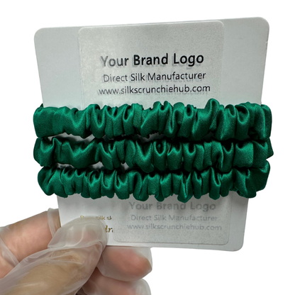Christmas Green Silk Scrunchie Wholesale from 1 piece, custom silk scrunchies with brand label, low MOQ.