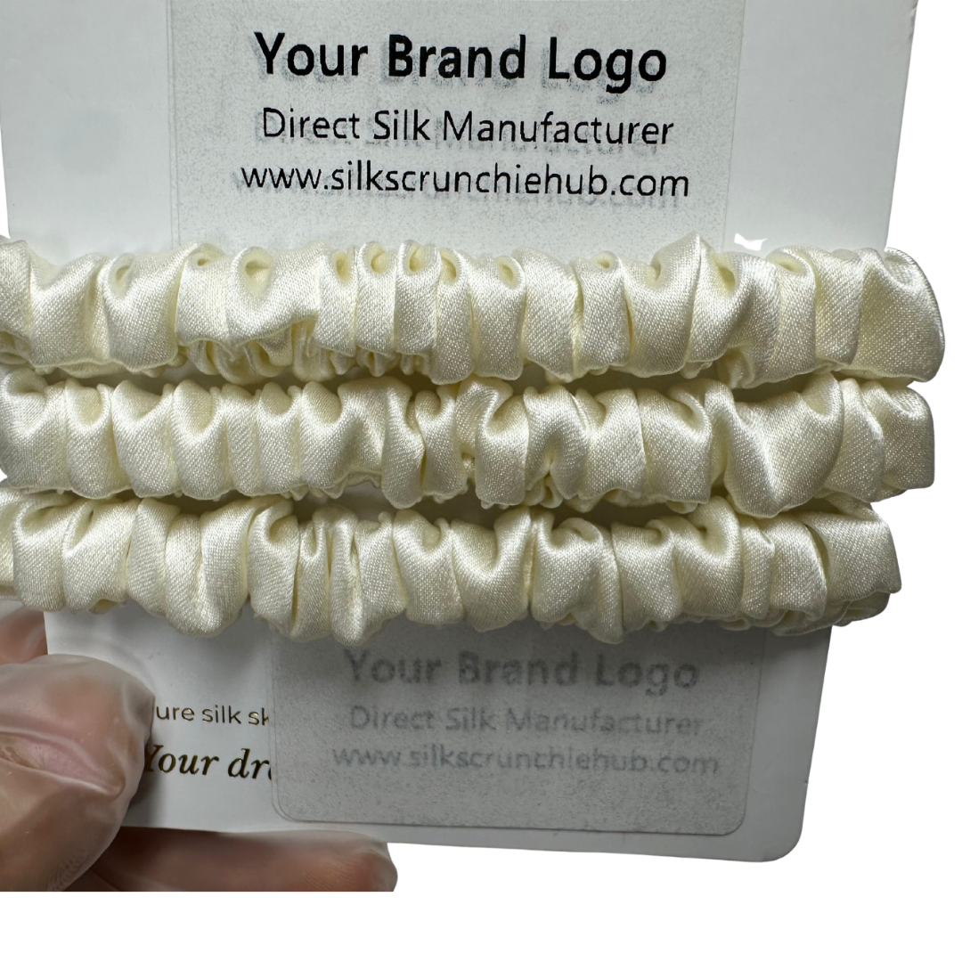 Cream Silk Scrunchie Wholesale from 1 piece, custom silk scrunchies with brand label, low MOQ.