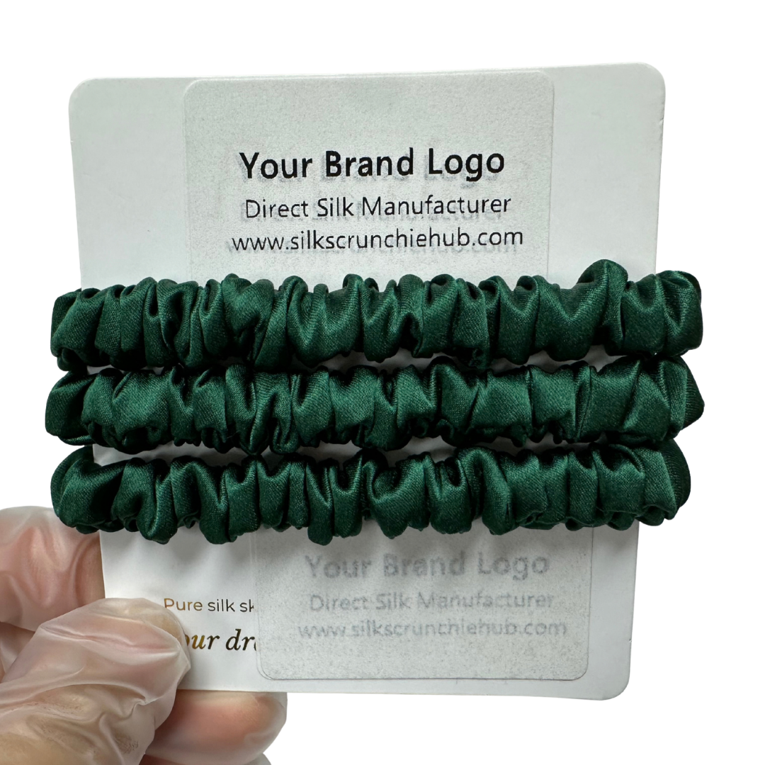 Dark Green Skinny Silk Scrunchie Wholesale from 1 piece, custom silk scrunchie with brand logo low MOQ.