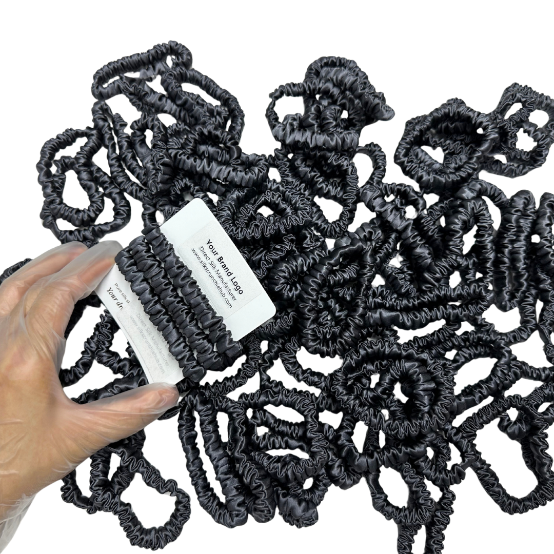 Dark Grey Skinny Silk Scrunchie Wholesale from 1 piece, custom silk scrunchie with brand logo low MOQ.