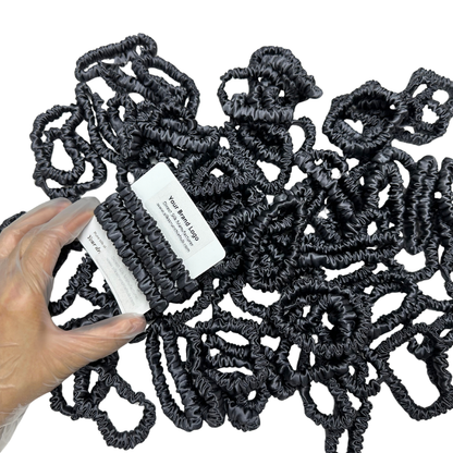Dark Grey Skinny Silk Scrunchie Wholesale from 1 piece, custom silk scrunchie with brand logo low MOQ.