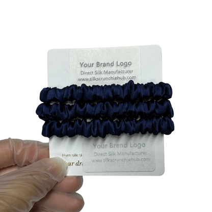 Dark Indigo Skinny Silk Scrunchie Wholesale from 1 piece, custom silk scrunchies with brand label, low MOQ.