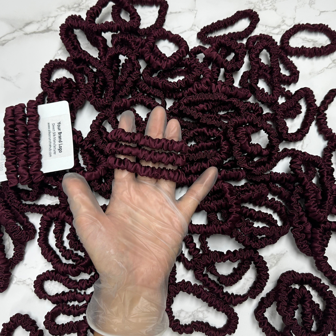 Dark Purple Red Silk Scrunchie Wholesale from 1 piece, custom silk scrunchies with brand label, low MOQ.