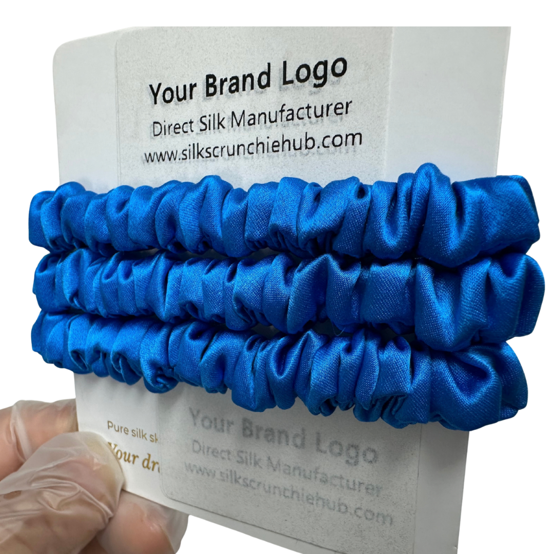 Deep-Bright-Blue Silk Scrunchie Wholesale from 1 piece, custom silk scrunchies with brand label, low MOQ.