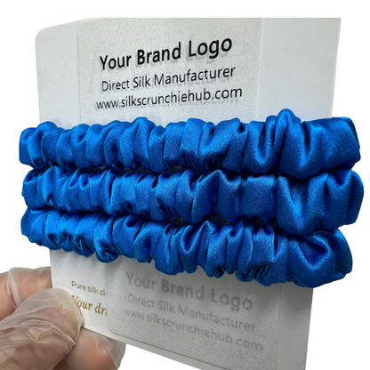 Deep-Bright-Blue Silk Scrunchie Wholesale from 1 piece, custom silk scrunchies with brand label, low MOQ.