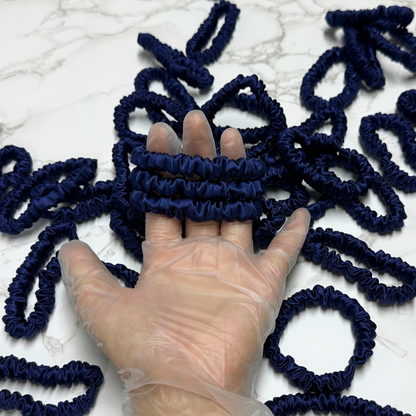 Deep Dark Blue Skinny Silk Scrunchie Wholesale from 1 piece, custom silk scrunchie with brand logo low MOQ.