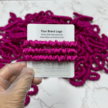 Deep Rose Pink Skinny Silk Scrunchie Wholesale from 1 piece, custom silk scrunchie with brand logo low MOQ.