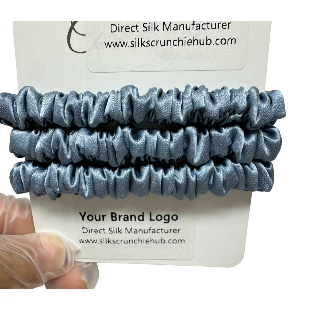 Grey Blue Skinny Silk Scrunchie custom wholesale, custom brand low MOQ, 1 piece wholesale