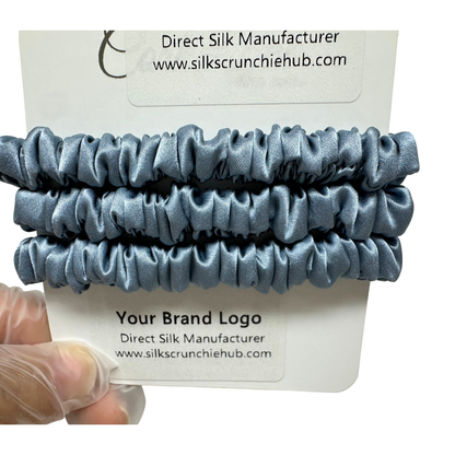 Grey Blue Skinny Silk Scrunchie custom wholesale, custom brand low MOQ, 1 piece wholesale