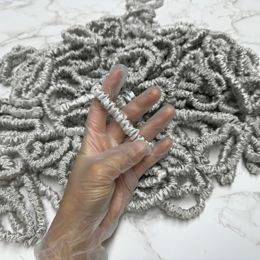 Light Gray Silk Scrunchie Wholesale from 1 piece, custom silk scrunchies with brand label, low MOQ.