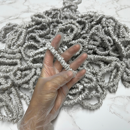 Light Gray Silk Scrunchie Wholesale from 1 piece, custom silk scrunchies with brand label, low MOQ.