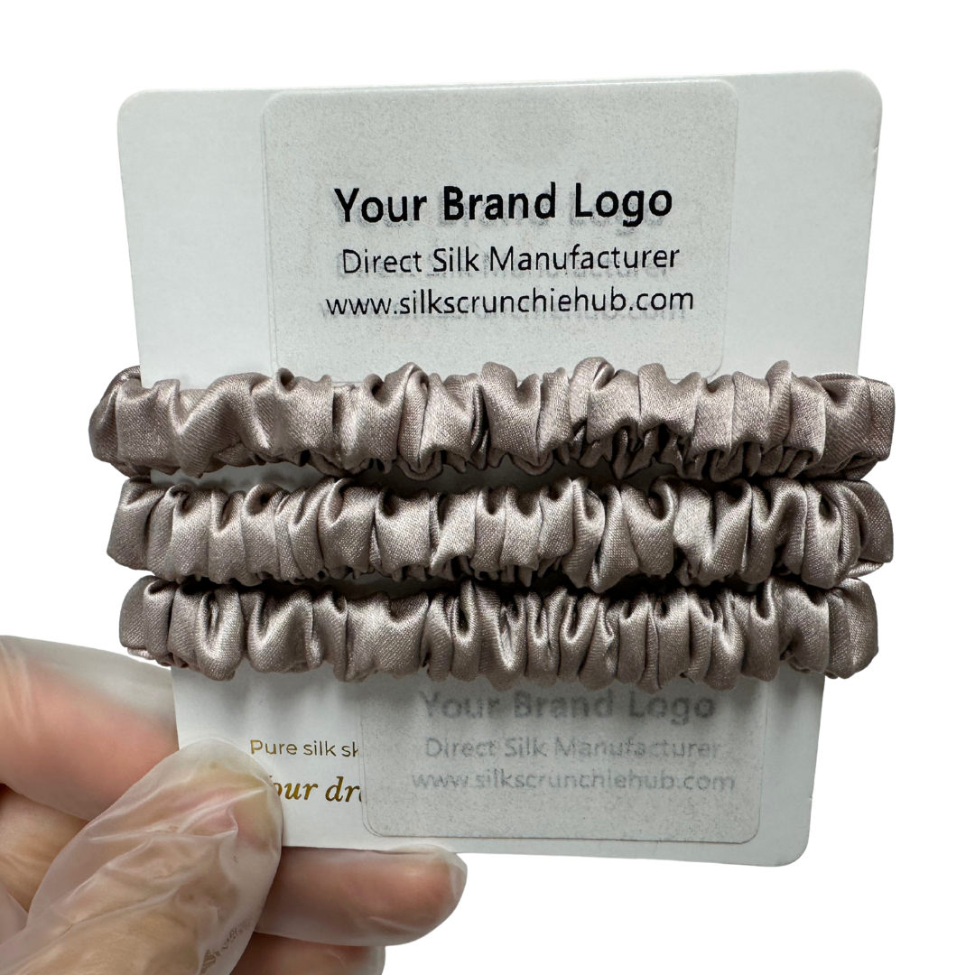 Light Root Skinny Silk Scrunchie Wholesale from 1 piece, custom silk scrunchie with brand logo low MOQ.