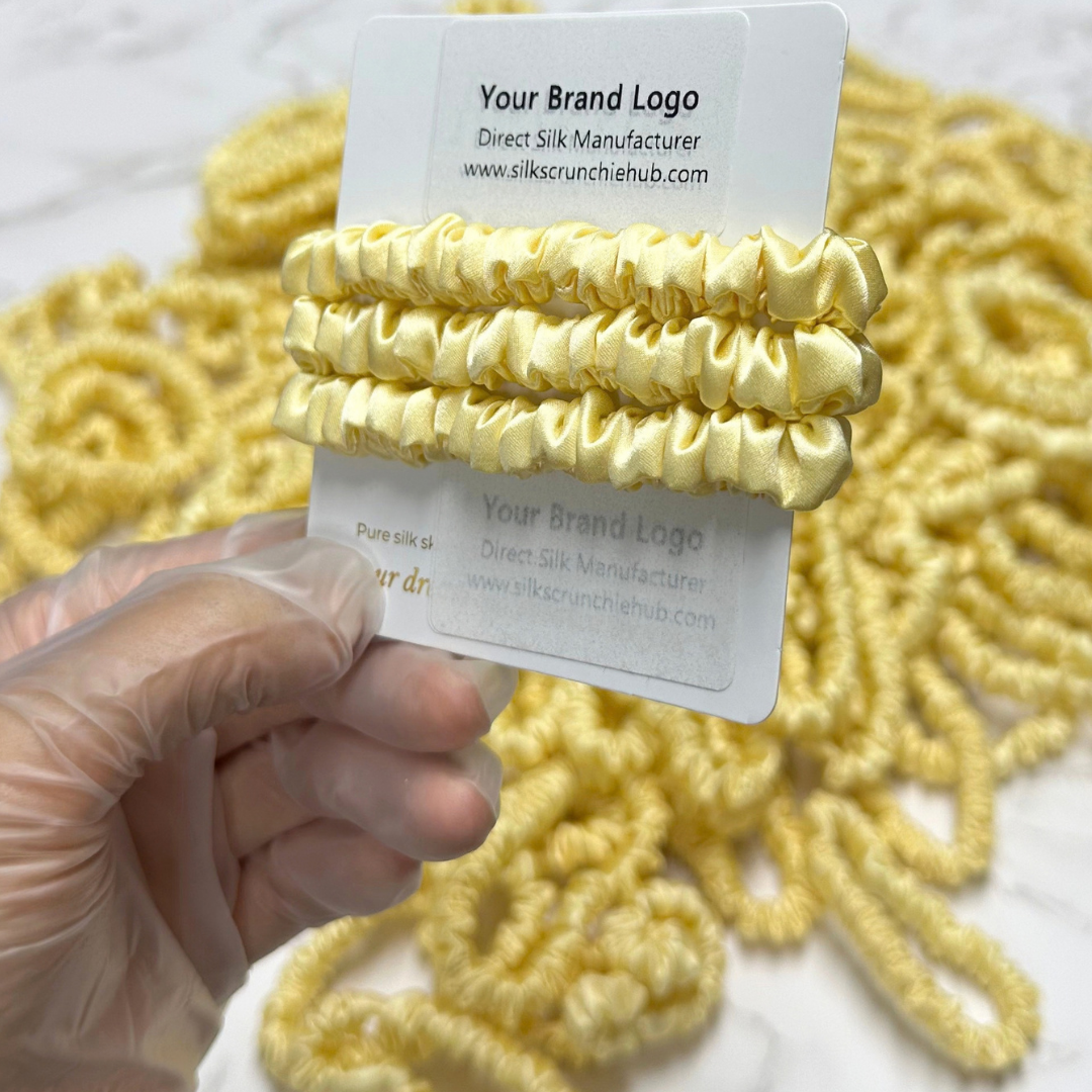 Light Yellow Silk Scrunchie Wholesale from 1 piece, custom silk scrunchies with brand label, low MOQ.