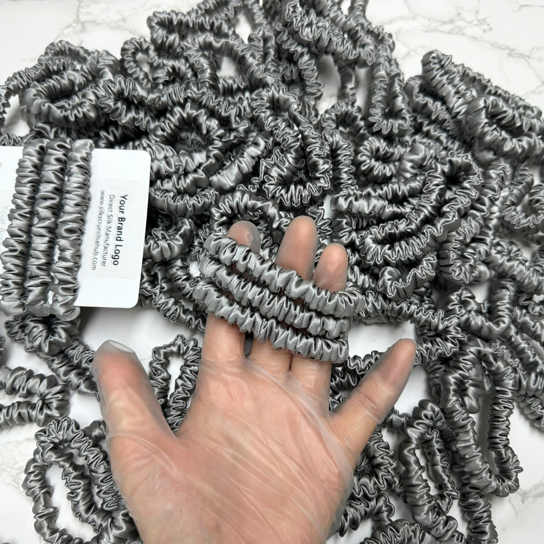 Middle Grey Silk Scrunchie Wholesale from 1 piece, custom silk scrunchies with brand label, low MOQ.